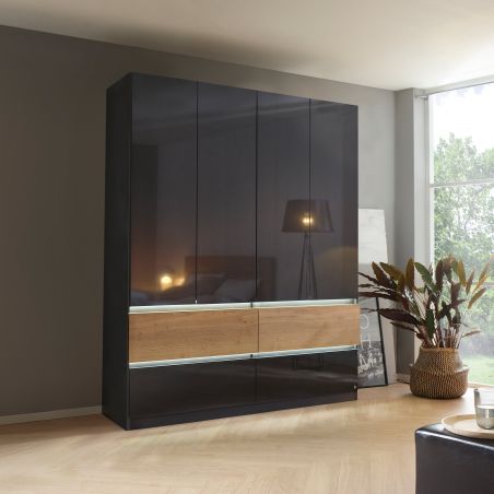 Armoire 181 cm WINDSOR avec 4 portes et 4 tiroirs en décor gris brillant et chene halifax