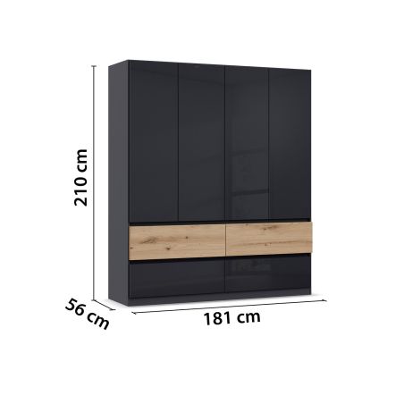 Armoire 181 cm WINDSOR avec 4 portes et 4 tiroirs en décor gris brillant et chene halifax