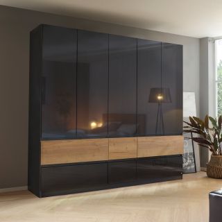 Armoire 226 cm WINDSOR avec 5 portes et 6 tiroirs en décor gris brillant et chene halifax