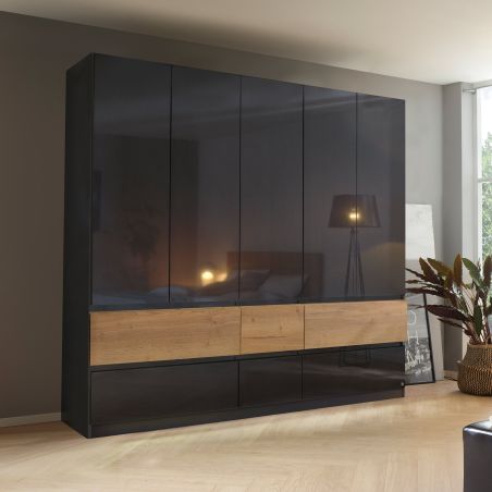 Armoire 226 cm WINDSOR avec 5 portes et 6 tiroirs en décor gris brillant et chene halifax