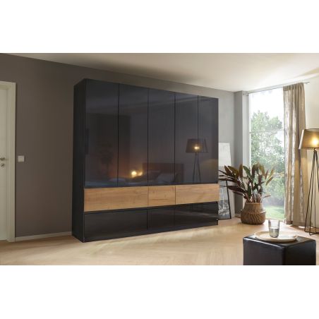 Armoire 226 cm WINDSOR avec 5 portes et 6 tiroirs en décor gris brillant et chene halifax