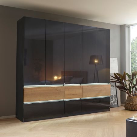 Armoire 226 cm WINDSOR avec 5 portes et 6 tiroirs en décor gris brillant et chene halifax