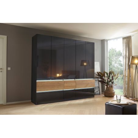 Armoire 226 cm WINDSOR avec 5 portes et 6 tiroirs en décor gris brillant et chene halifax