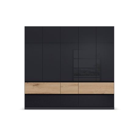 Armoire 226 cm WINDSOR avec 5 portes et 6 tiroirs en décor gris brillant et chene halifax