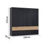 Armoire 226 cm WINDSOR avec 5 portes et 6 tiroirs en décor gris brillant et chene halifax