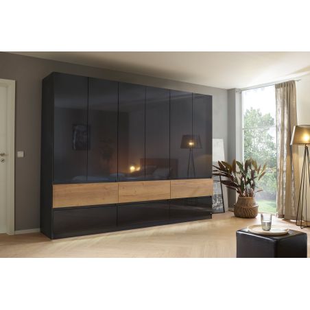 Armoire 271 cm WINDSOR avec 6 portes et 6 tiroirs en décor gris brillant et chene halifax