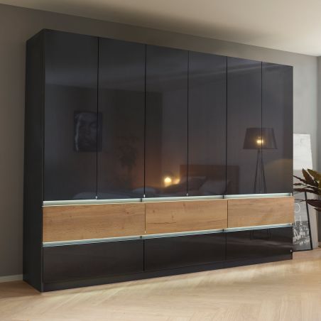 Armoire 271 cm WINDSOR avec 6 portes et 6 tiroirs en décor gris brillant et chene halifax