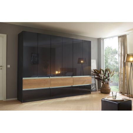 Armoire 271 cm WINDSOR avec 6 portes et 6 tiroirs en décor gris brillant et chene halifax