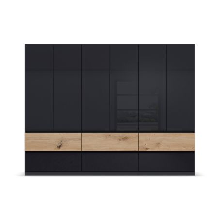 Armoire 271 cm WINDSOR avec 6 portes et 6 tiroirs en décor gris brillant et chene halifax