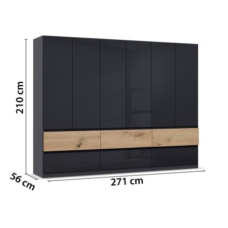 Armoire 271 cm WINDSOR avec 6 portes et 6 tiroirs en décor gris brillant et chene halifax