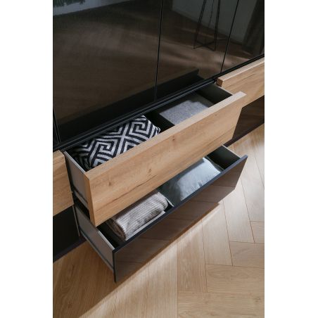 Armoire 271 cm WINDSOR avec 6 portes et 6 tiroirs en décor gris brillant et chene halifax