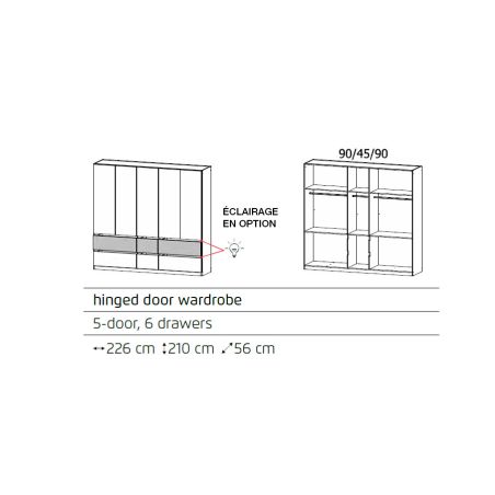 Armoire 226 cm WINDSOR avec 5 portes et 6 tiroirs en décor gris mat et chene halifax