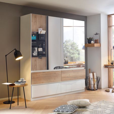 Armoire 181 cm WINDSOR avec 4 portes miroirs et 4 tiroirs en décor blanc brillant et chene halifax