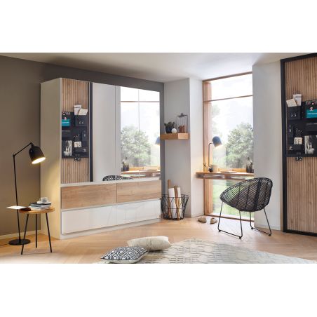 Armoire 181 cm WINDSOR avec 4 portes miroirs et 4 tiroirs en décor blanc brillant et chene halifax