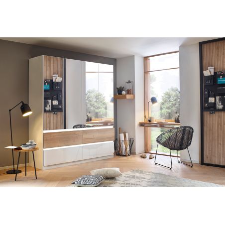 Armoire 181 cm WINDSOR avec 4 portes miroirs et 4 tiroirs en décor blanc brillant et chene halifax
