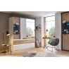 Armoire 181 cm WINDSOR avec 4 portes miroirs et 4 tiroirs en décor blanc brillant et chene halifax
