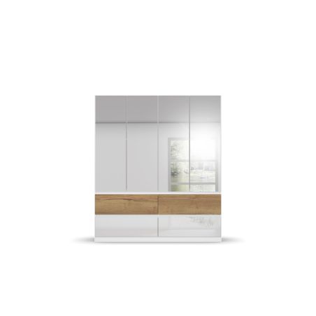 Armoire 181 cm WINDSOR avec 4 portes miroirs et 4 tiroirs en décor blanc brillant et chene halifax