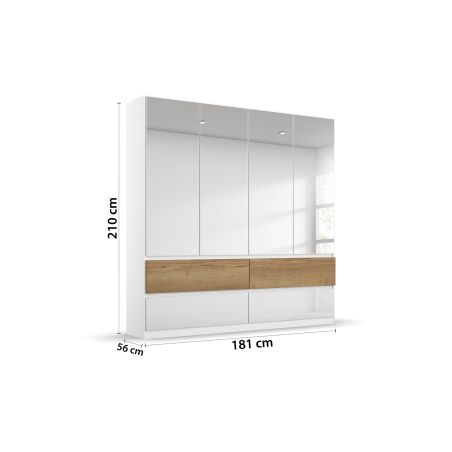 Armoire 181 cm WINDSOR avec 4 portes miroirs et 4 tiroirs en décor blanc brillant et chene halifax