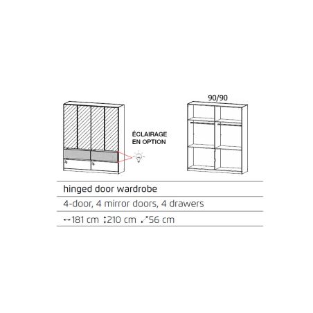 Armoire 181 cm WINDSOR avec 4 portes miroirs et 4 tiroirs en décor blanc brillant et chene halifax