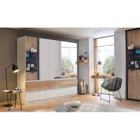 Armoire 226 cm WINDSOR avec 5 portes miroirs et 6 tiroirs en décor blanc brillant et chene halifax