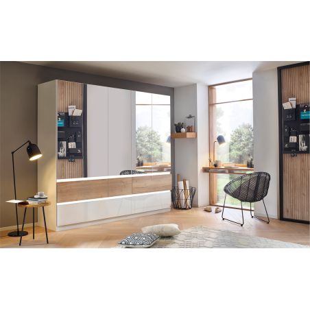 Armoire 226 cm WINDSOR avec 5 portes miroirs et 6 tiroirs en décor blanc brillant et chene halifax