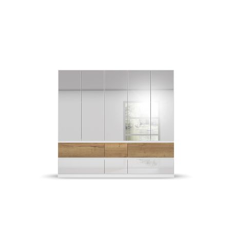 Armoire 226 cm WINDSOR avec 5 portes miroirs et 6 tiroirs en décor blanc brillant et chene halifax