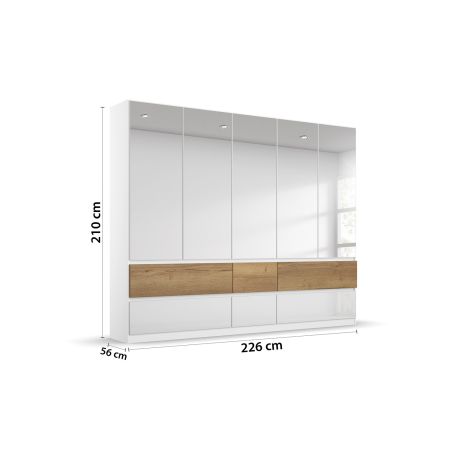 Armoire 226 cm WINDSOR avec 5 portes miroirs et 6 tiroirs en décor blanc brillant et chene halifax