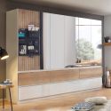 Armoire 271 cm WINDSOR avec 6 portes miroirs et 6 tiroirs en décor blanc brillant et chene halifax