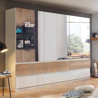 Armoire 271 cm WINDSOR avec 6 portes miroirs et 6 tiroirs en décor blanc brillant et chene halifax