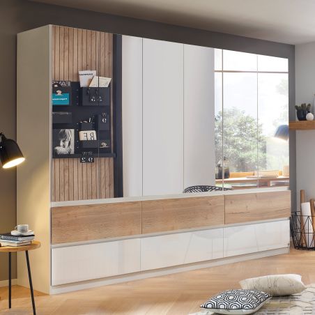 Armoire 271 cm WINDSOR avec 6 portes miroirs et 6 tiroirs en décor blanc brillant et chene halifax