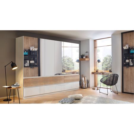 Armoire 271 cm WINDSOR avec 6 portes miroirs et 6 tiroirs en décor blanc brillant et chene halifax
