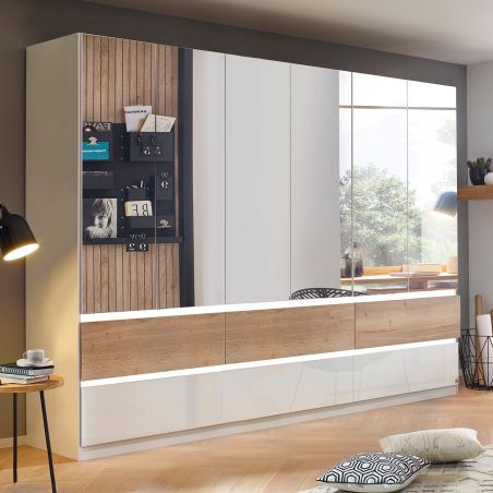 Armoire 271 cm WINDSOR avec 6 portes miroirs et 6 tiroirs en décor blanc brillant et chene halifax
