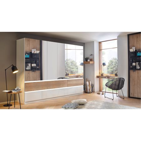 Armoire 271 cm WINDSOR avec 6 portes miroirs et 6 tiroirs en décor blanc brillant et chene halifax