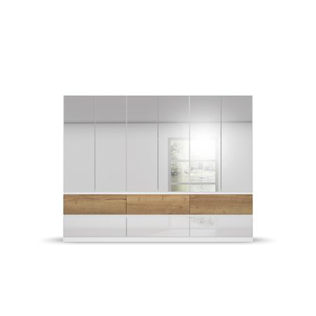 Armoire 271 cm WINDSOR avec 6 portes miroirs et 6 tiroirs en décor blanc brillant et chene halifax