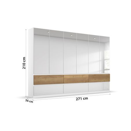 Armoire 271 cm WINDSOR avec 6 portes miroirs et 6 tiroirs en décor blanc brillant et chene halifax