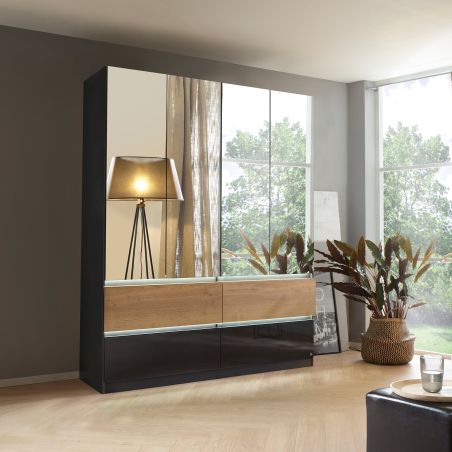 Armoire 181 cm WINDSOR avec 4 portes miroirs et 4 tiroirs en décor gris brillant et chene halifax