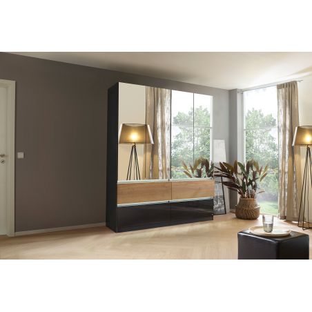 Armoire 181 cm WINDSOR avec 4 portes miroirs et 4 tiroirs en décor gris brillant et chene halifax