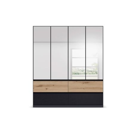 Armoire 181 cm WINDSOR avec 4 portes miroirs et 4 tiroirs en décor gris brillant et chene halifax