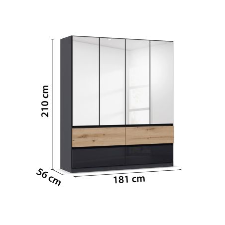 Armoire 181 cm WINDSOR avec 4 portes miroirs et 4 tiroirs en décor gris brillant et chene halifax