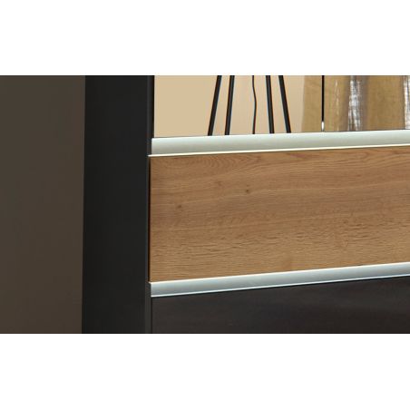Armoire 181 cm WINDSOR avec 4 portes miroirs et 4 tiroirs en décor gris brillant et chene halifax