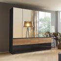 Armoire 226 cm WINDSOR avec 5 portes miroirs et 6 tiroirs en décor gris brillant et chene halifax