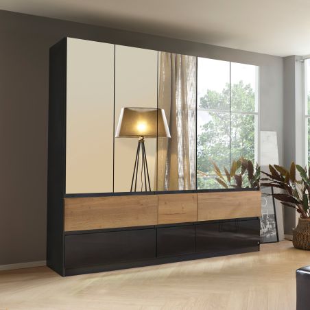 Armoire 226 cm WINDSOR avec 5 portes miroirs et 6 tiroirs en décor gris brillant et chene halifax