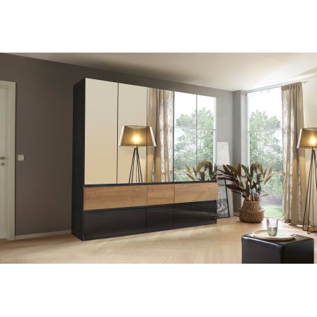 Armoire 226 cm WINDSOR avec 5 portes miroirs et 6 tiroirs en décor gris brillant et chene halifax
