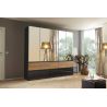 Armoire 226 cm WINDSOR avec 5 portes miroirs et 6 tiroirs en décor gris brillant et chene halifax