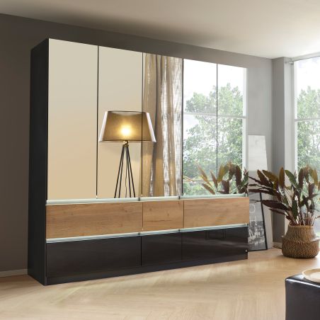 Armoire 226 cm WINDSOR avec 5 portes miroirs et 6 tiroirs en décor gris brillant et chene halifax