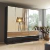 Armoire 226 cm WINDSOR avec 5 portes miroirs et 6 tiroirs en décor gris brillant et chene halifax