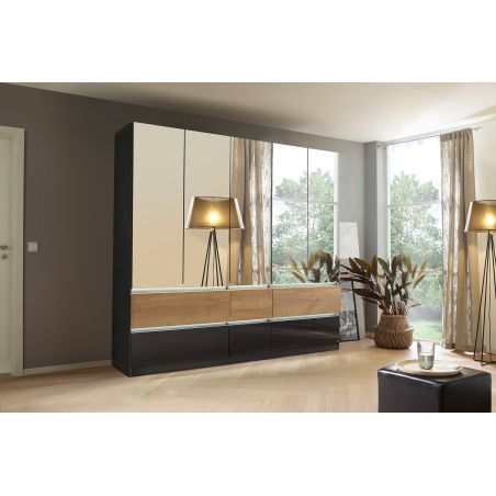 Armoire 226 cm WINDSOR avec 5 portes miroirs et 6 tiroirs en décor gris brillant et chene halifax