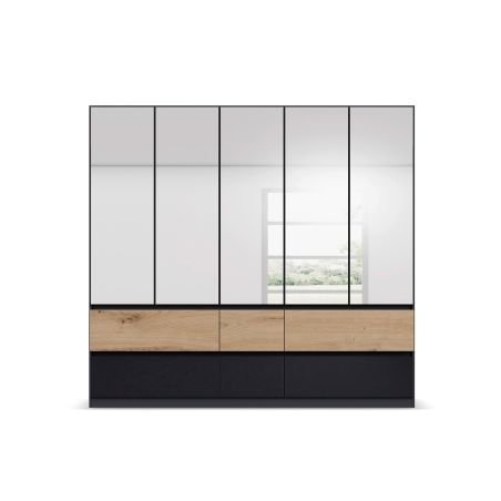 Armoire 226 cm WINDSOR avec 5 portes miroirs et 6 tiroirs en décor gris brillant et chene halifax