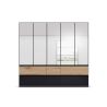Armoire 226 cm WINDSOR avec 5 portes miroirs et 6 tiroirs en décor gris brillant et chene halifax
