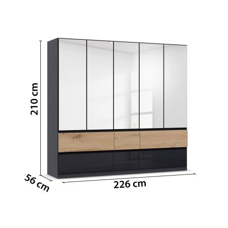 Armoire 226 cm WINDSOR avec 5 portes miroirs et 6 tiroirs en décor gris brillant et chene halifax